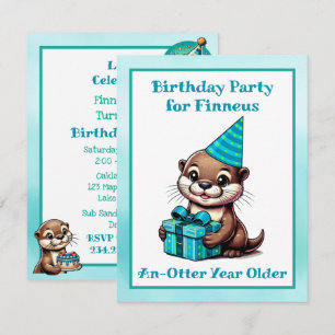 Blå och turkos Otter Boy Födelsedagsfest Inbjudningar