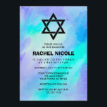 Blå och turkos vattenfärgsutseende Bat mitzvah Inbjudningar<br><div class="desc">Dessa vackra Bat mitzvah inbjudningar har trendiget och den populära vattenfärgen. Söt stänk av blått och turkosa färg i bakgrunden. Den moderna texten och stjärnan från David är svart. Det finns matchande frimärke. Klicka bara på vår"Pub Miztvah och Bat mitzvah" samling.</div>