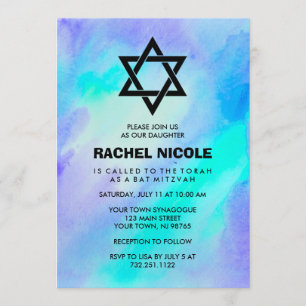 Blå och turkos vattenfärgsutseende Bat mitzvah Inbjudningar