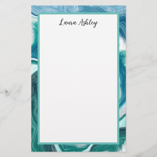 Blå och Turqio Fluid Art Personlig Stationery Brevpapper (Framsida)