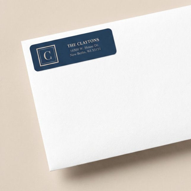 Blå och vaniljramad monogramreturadress returadress etikett (Skapare uppladdad)