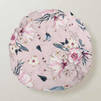 Blå och  vattenfärgsblommor Throw Pillo Rund Kudde