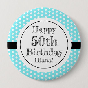 Blå och vit 50:e födelsedagen Polka dots Knapp