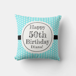Blå och vit 50:e födelsedagen Polka dots Kudde