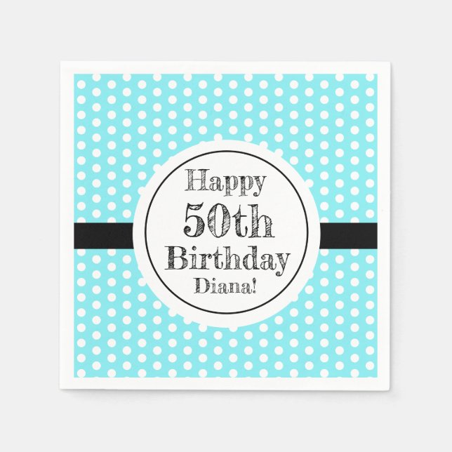 Blå och vit 50:e födelsedagen Polka dots Pappersservett (Framsidan)