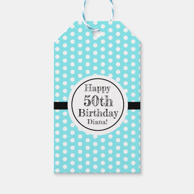Blå och vit 50:e födelsedagen Polka dots Presentetikett (Framsidan)