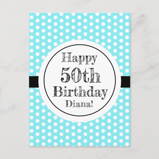 Blå och vit 50:e födelsedagen Polka dots Vykort (Framsida)