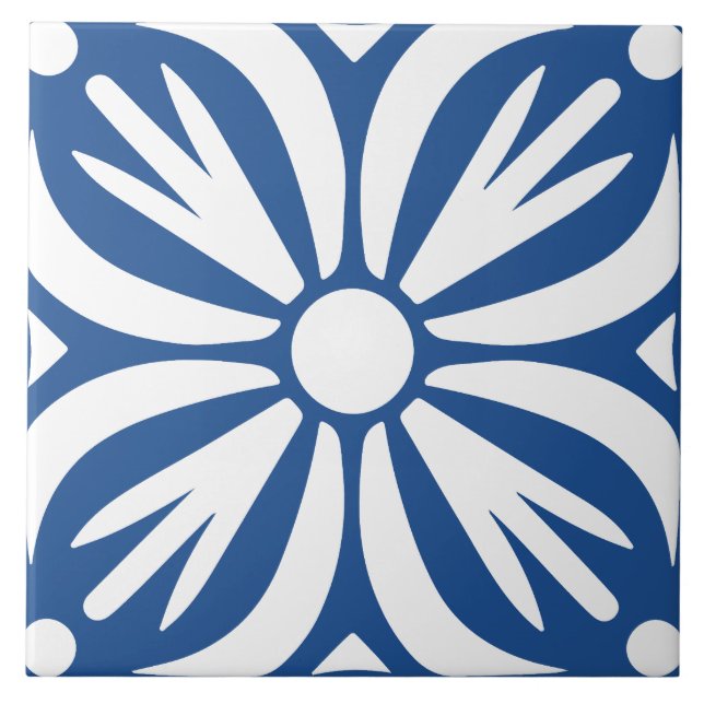 Blå och vit abstrakt blomstergeometrisk  kakelplatta (Framsidan)