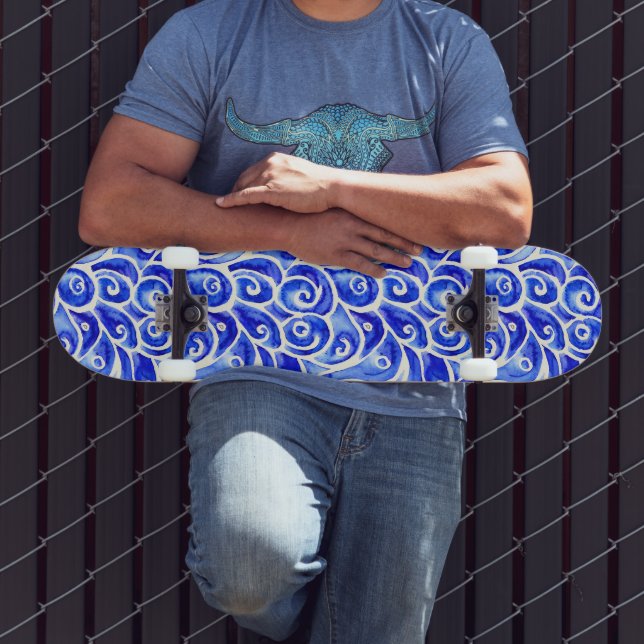 Blå och vit Abstrakt, kurvformad Mönster Mini Skateboard Bräda 18,5 Cm (Utomhus 3)