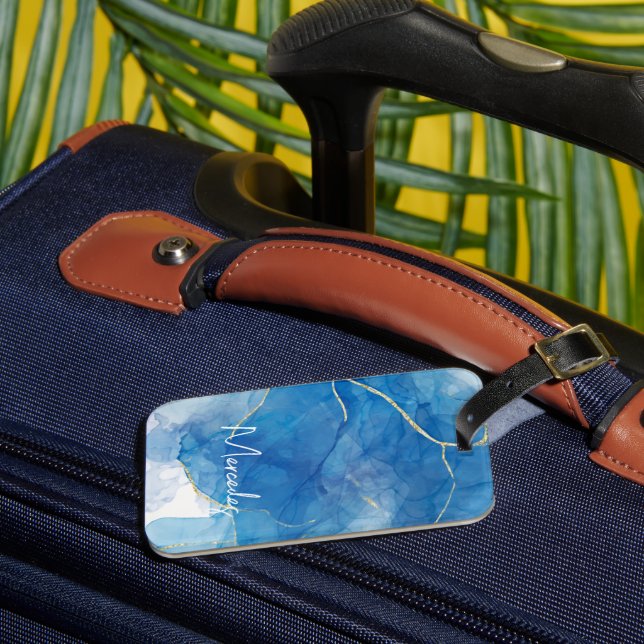 Blå och vit agate Marble Abstrakt Namn Monogram Bagagebricka (Framsida Insitu 3)