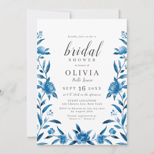 Blå och vit akvarell blommande bröllopsdusch inbjudningar (Framsida)