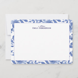 Blå och vit akvarell blomprintad ram  anteckningskort
