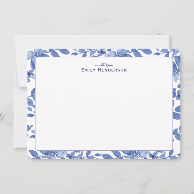 Blå och vit akvarell blomprintad ram  anteckningskort (Framsida)