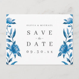 Blå och vit akvarell blomsterlig save the date meddelande vykort