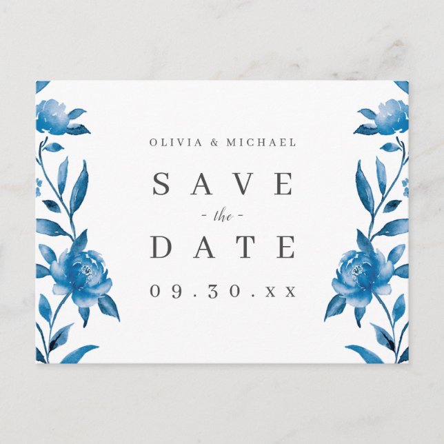 Blå och vit akvarell blomsterlig save the date meddelande vykort (Framsida)