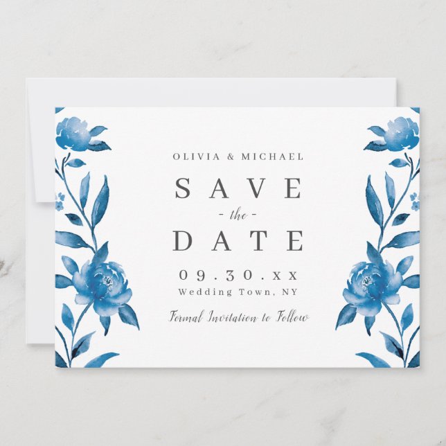 Blå och vit akvarell blomsterlig save the date spara datumet (Framsida)