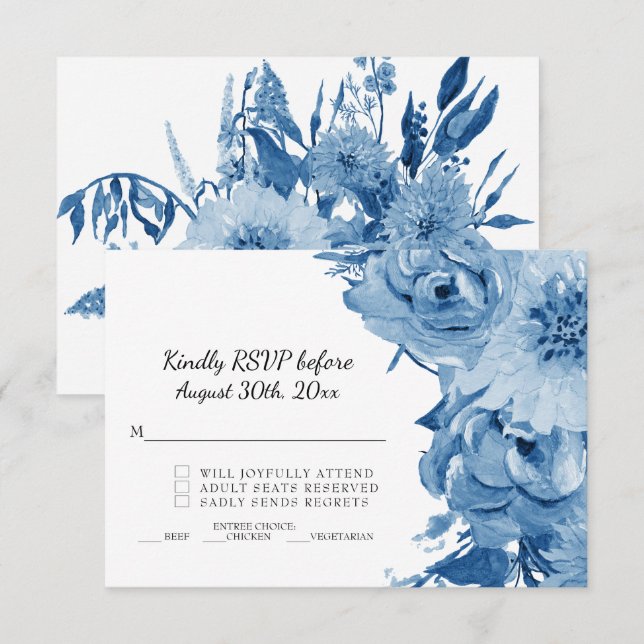 Blå och vit akvarell modern blomsterbröllop RSVP Inbjudningar (Fram/baksida)