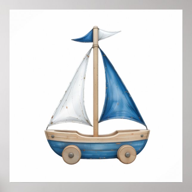 Blå och vit akvarell segelbåt – Marin för barn Poster (Framsidan)
