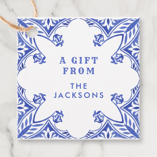 Blå och vit akvarellplatta gåvor etiketter (Framsida)