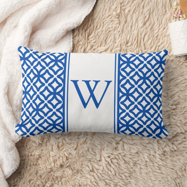 Blå och vit arabisk trellis Monogram Lumbarkudde (Filt)