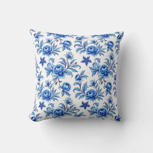 Blå och vit asiatisk blomster kudde (Framsida)