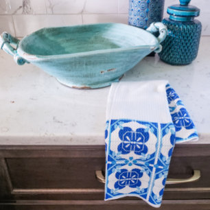 Blå och vit Azulejos-plattdesign Kökshandduk
