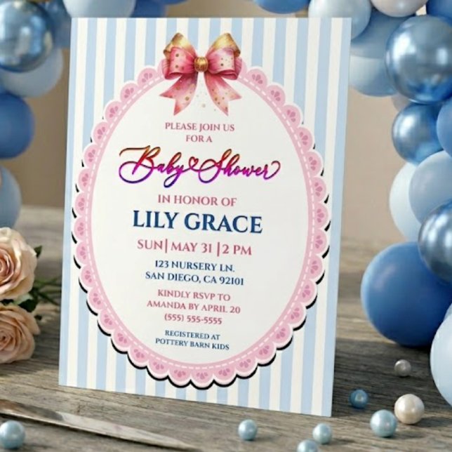 Blå och vit baby shower med guld-rosa bandbåge inbjudningar (Skapare uppladdad)