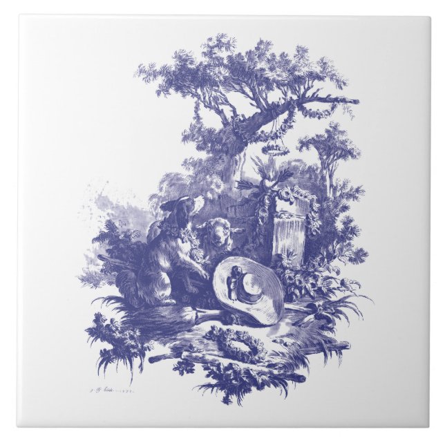 Blå och vit Baroque Rococo Hund & Får liggande Kakelplatta (Framsidan)