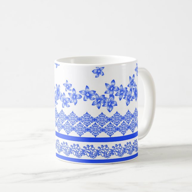 Blå och vit blomdesign, kaffemugg (Framsida höger)