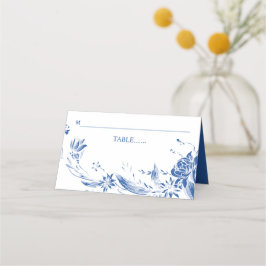 Blå och vit blomma arrangemanga bröllop placeringskort