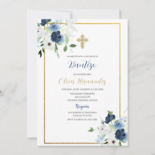 Blå och vit blomma Bautizo spansk inbjudan (Framsida)