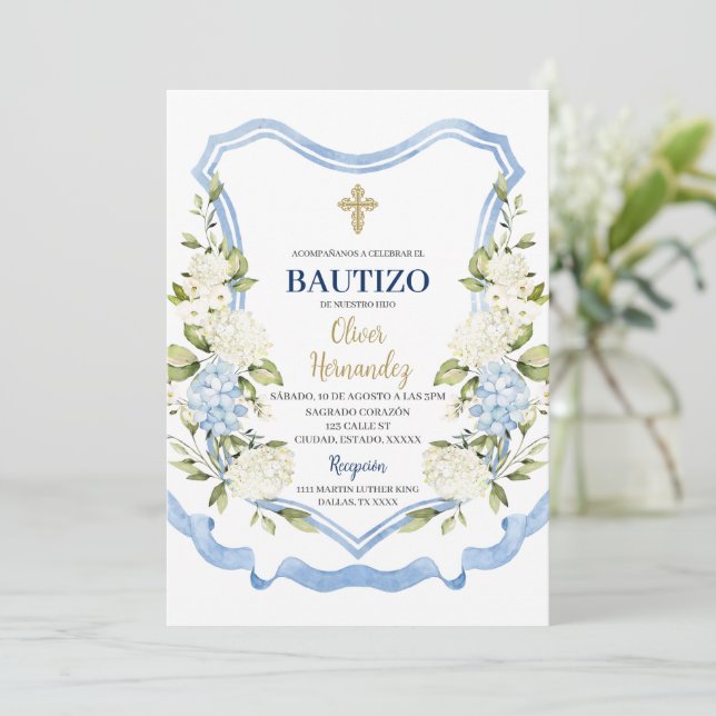 Blå och vit blomma Bautizo Spanska Inbjudningar (Stående Fram)