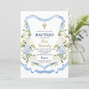 Blå och vit blomma Bautizo Spanska Inbjudningar