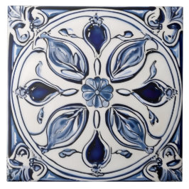 Blå och vit blomma Löv Symmetrical Folk Art Kakelplatta