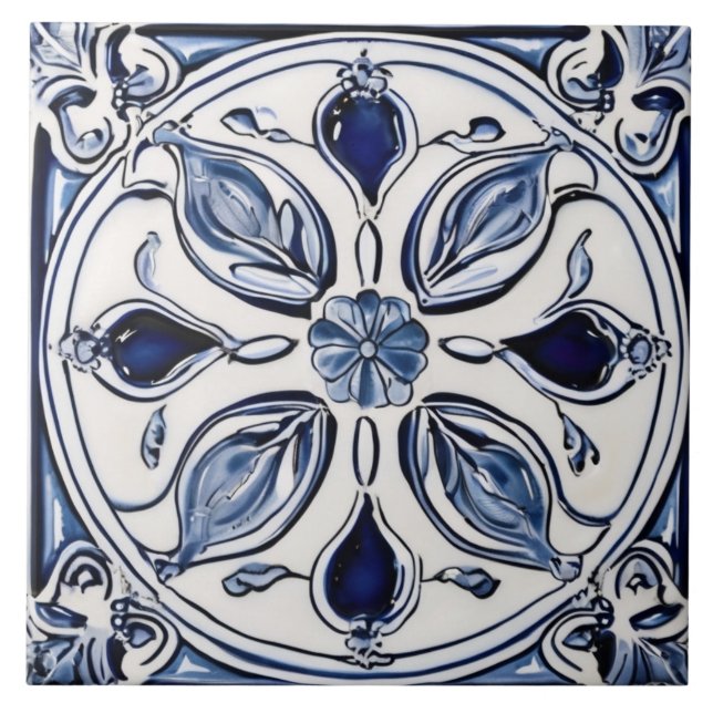 Blå och vit blomma Löv Symmetrical Folk Art Kakelplatta (Framsidan)