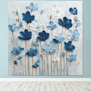 Blå och vit blommande abstrakt väggkonst canvastryck