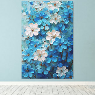 Blå och vit blommande blomsterabstrakt väggkonst canvastryck