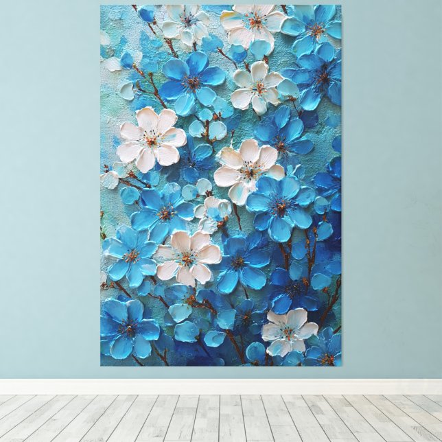 Blå och vit blommande blomsterabstrakt väggkonst canvastryck (Insitu (trägolv))