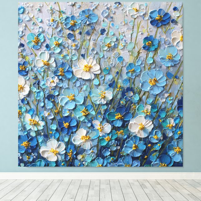 Blå och vit blommande fält abstrakt väggkonst canvastryck (Insitu (trägolv))