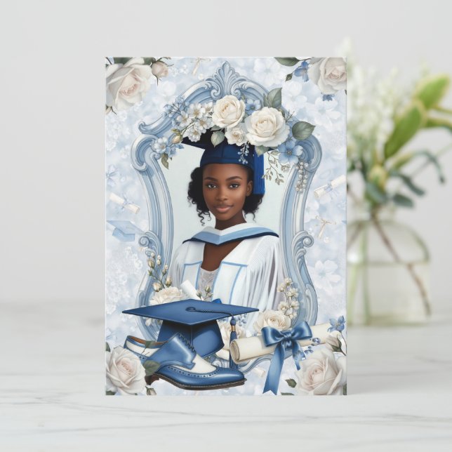 Blå och Vit Blommig Fotografi Examensmeddelande (Stående Fram)