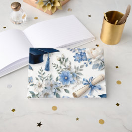 Blå och Vit Blommig Gästbok för Examen