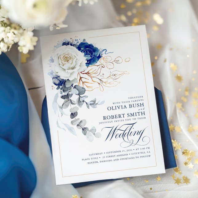 Blå och vit Blommigt Boho Guld Elegant bröllop Inbjudningar (Navy Blue and White Floral Wedding Invitation)