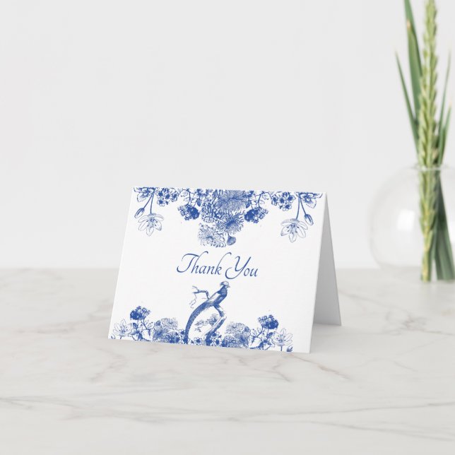 Blå och vit Blommigt China Mönster med fågel Tack Kort (Framsida)