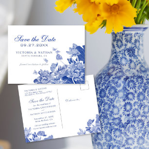 Blå och vit Blommigt Chinoiserie Spara datum P Vykort