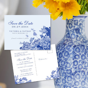 Blå och vit Blommigt Chinoiserie Spara datum Vykort