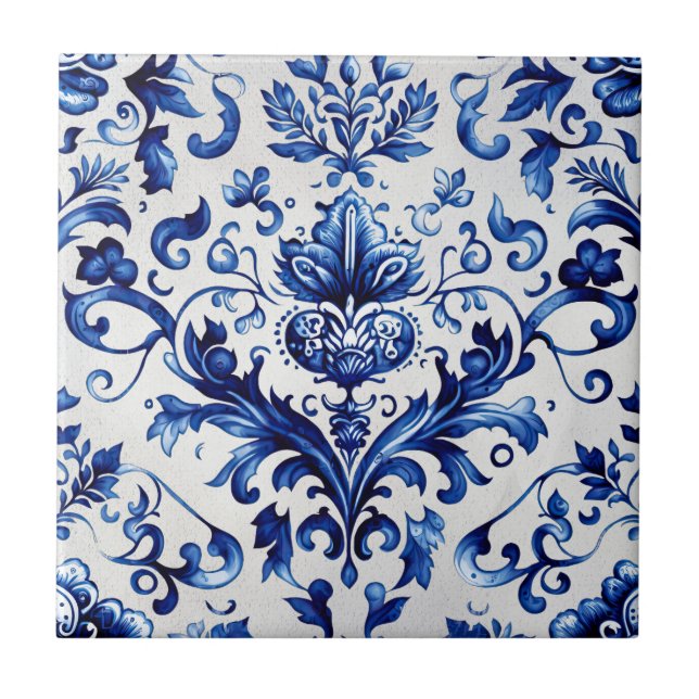 Blå och vit blommigt Delft stil, ornament mönster Kakelplatta (Framsidan)