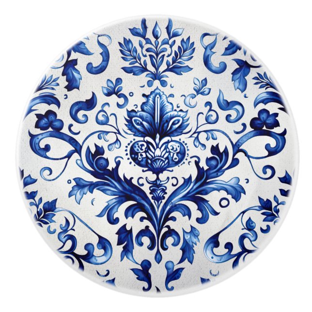 Blå och vit blommigt Delft stil, ornament mönster Knopp (Framsidan)