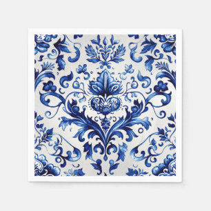 Blå och vit blommigt Delft stil, ornament mönster Pappersservett