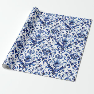 Blå och vit blommigt Delft stil, ornament mönster Presentpapper