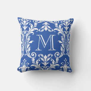 Blå och vit Blommigt för dämpare Swirls Monogram Kudde